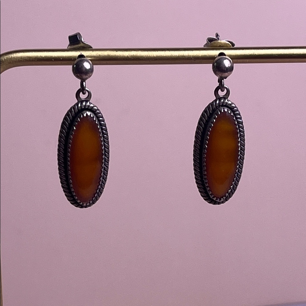 Vintage Native American WM signed Sterling Silver & Amber Earrings